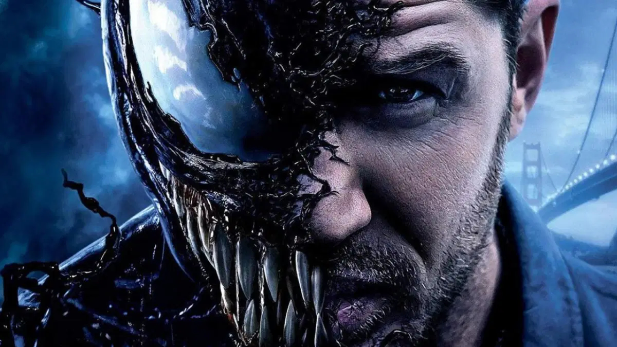 Imagen promocional de Sony, encontrada de Google de la película moderna de Venom con la cara del actor-mitad Venom